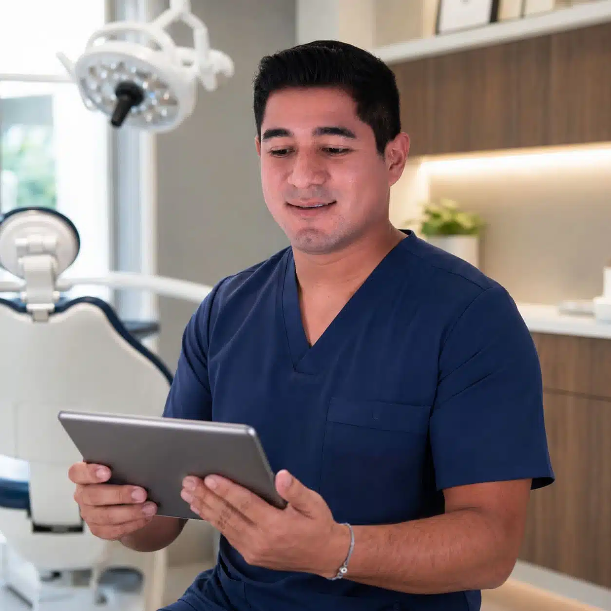 Periodoncista mexicano revisando material odontológico en tablet dentro de un consultorio dental moderno y profesional